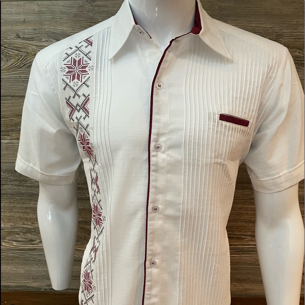 Guayabera Camisa Mexicana Manga Corta 100% Lino Bordado Color Vino Presidencial